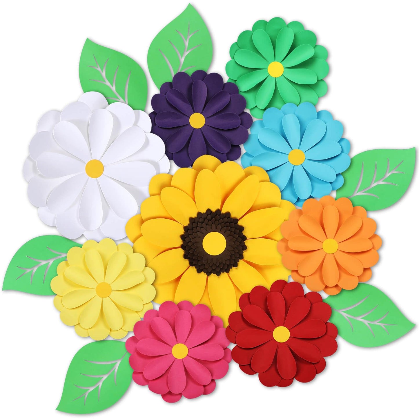 15-pc Larger Paper Flowers Decorations for Wall, Sunflower Bulletin Board Decoration, 3D Floral Decor for Baby Shower, Girl Nursery, Neutral Classroom, Spring Garden, Birthday Party