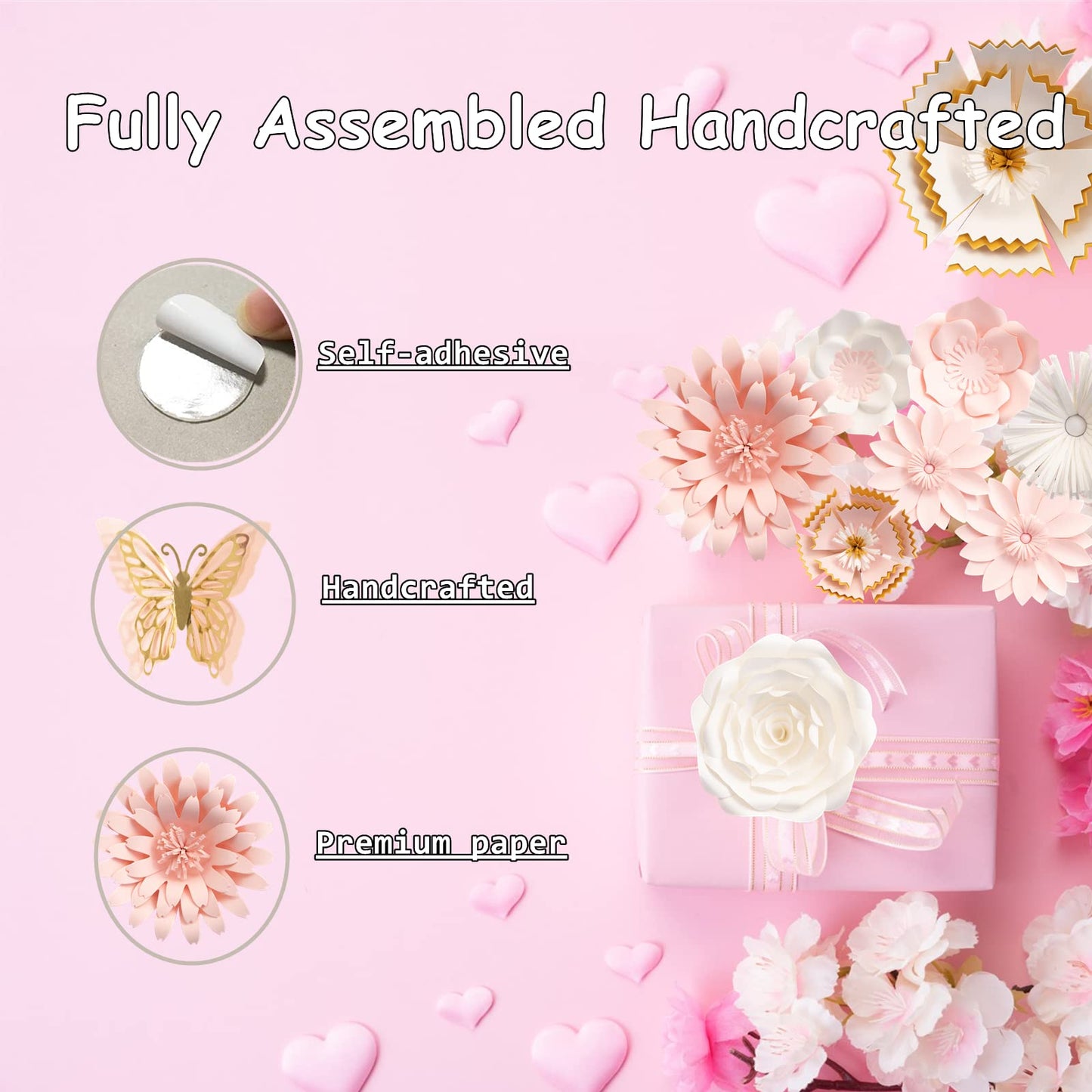 3D Paper Flowers Decorations for Wall, Pink Roses Artificial Flowers with Leaves and Butterfly Stickers, Elegant Decor Nursery Room Wall, Wedding and Baby Shower Décor (14pcs, Pink Set)