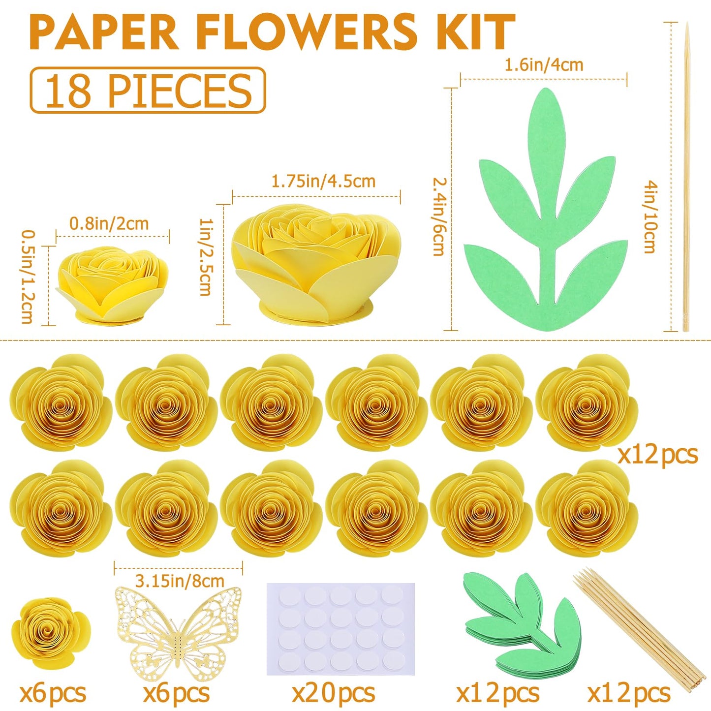 Mverse Yellow Roses Artificial Flowers, Rolled Paper Flowers Decorations for Floral Letters, Shadow Box Frame, Graduation Cap, Room Decor (18 Pieces, Light Yellow)