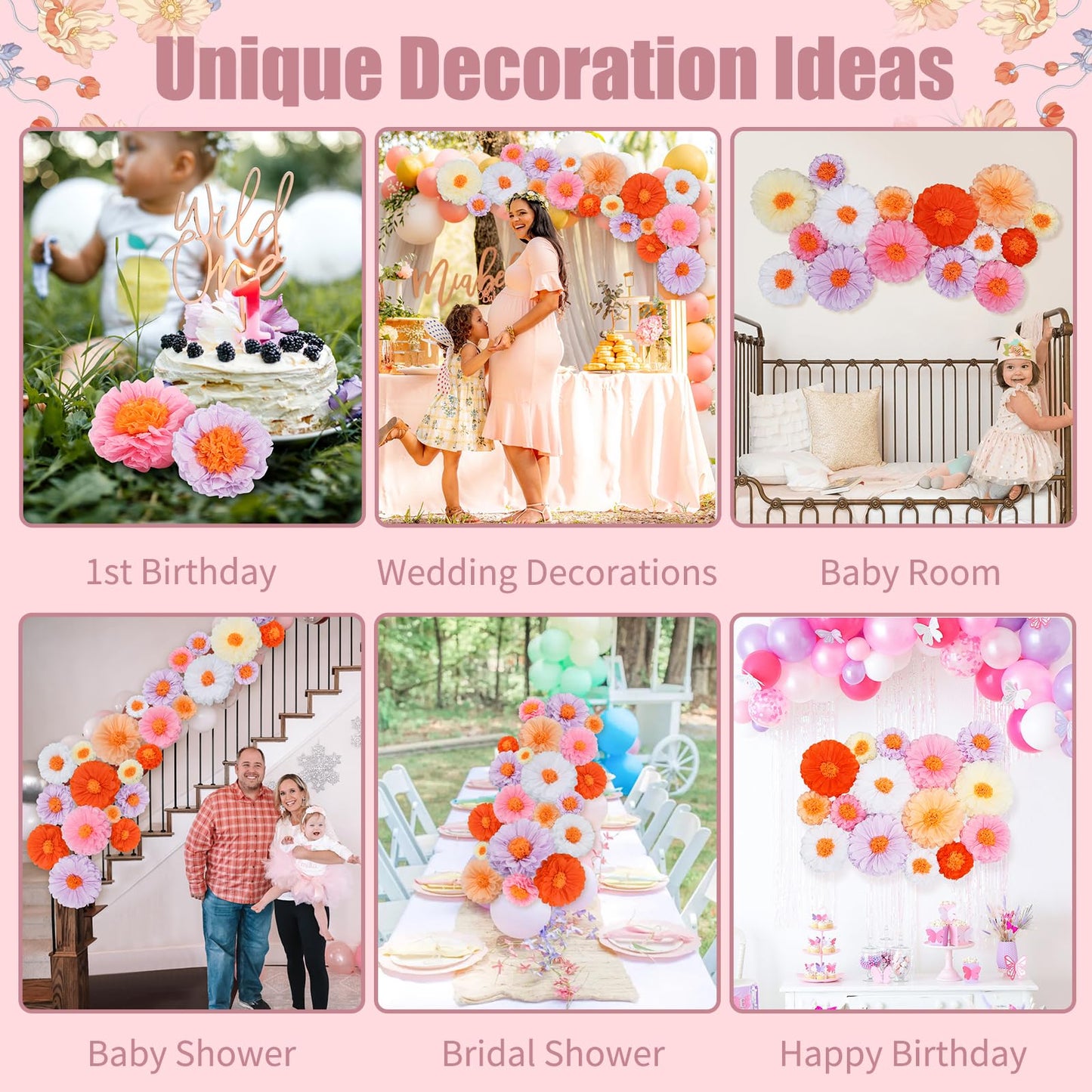 15-pc Pink Tissue Paper Pom Poms, Large Paper Flowers Decoration for Bulletin Board, Spring Birthday Party Decorations, Floral Baby Shower