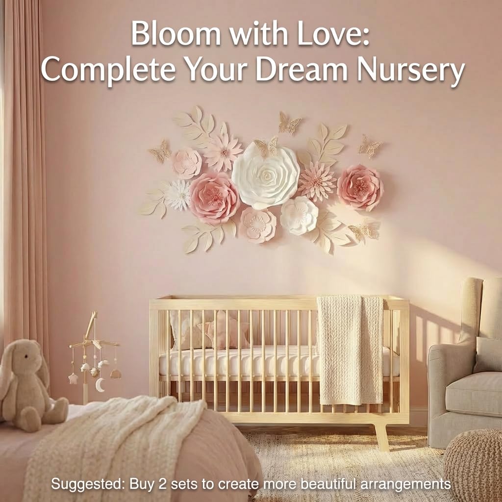 Mverse 3D Paper Flowers Decorations for Wall, Pre-Assembled Large Floral Decorations for Baby Girl Nursery Wall, Wedding Backdrop, Classroom Bulletin Board & Room Decor