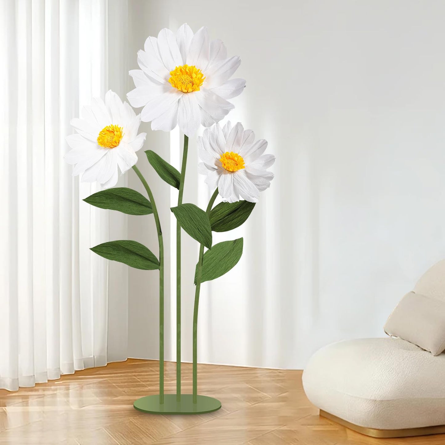 Mverse Giant Standing Flowers with Heavy Duty Base, 5-7ft Life Size Artificial Paper Dasiy Decorations for Wedding Backdrop, Nursery Wall Decor & Luxury Party Photo Booth Props (White)
