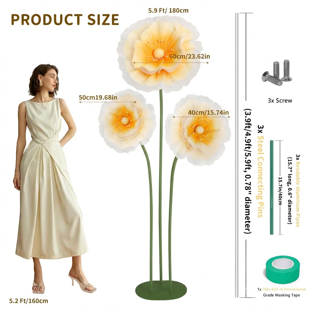 Mverse Giant Standing Flowers with Heavy Duty Base, 5-7ft Life Size Artificial Paper Dasiy Decorations for Wedding Backdrop, Nursery Wall Decor & Luxury Party Photo Booth Props (White)