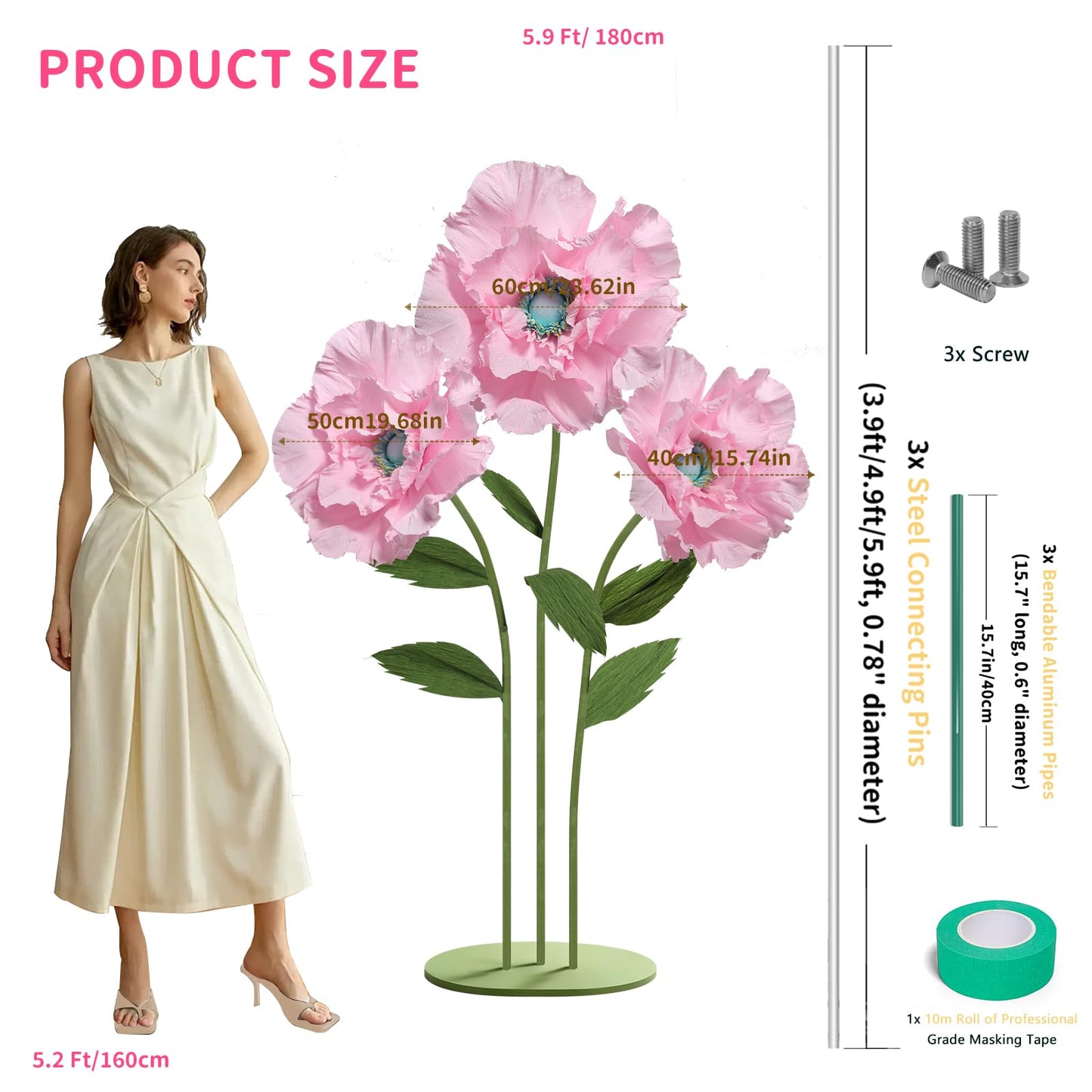 Mverse Giant Standing Flowers with Heavy Duty Base, 5-7ft Life Size Artificial Paper Dasiy Decorations for Wedding Backdrop, Nursery Wall Decor & Luxury Party Photo Booth Props (White)