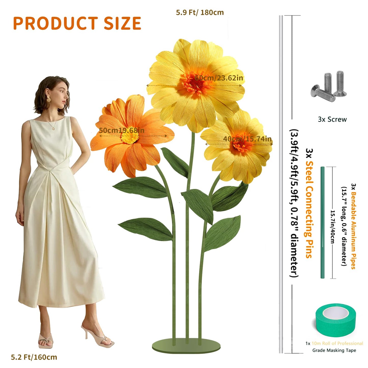 Mverse Giant Standing Flowers with Heavy Duty Base, 5-7ft Life Size Artificial Paper Dasiy Decorations for Wedding Backdrop, Nursery Wall Decor & Luxury Party Photo Booth Props (White)