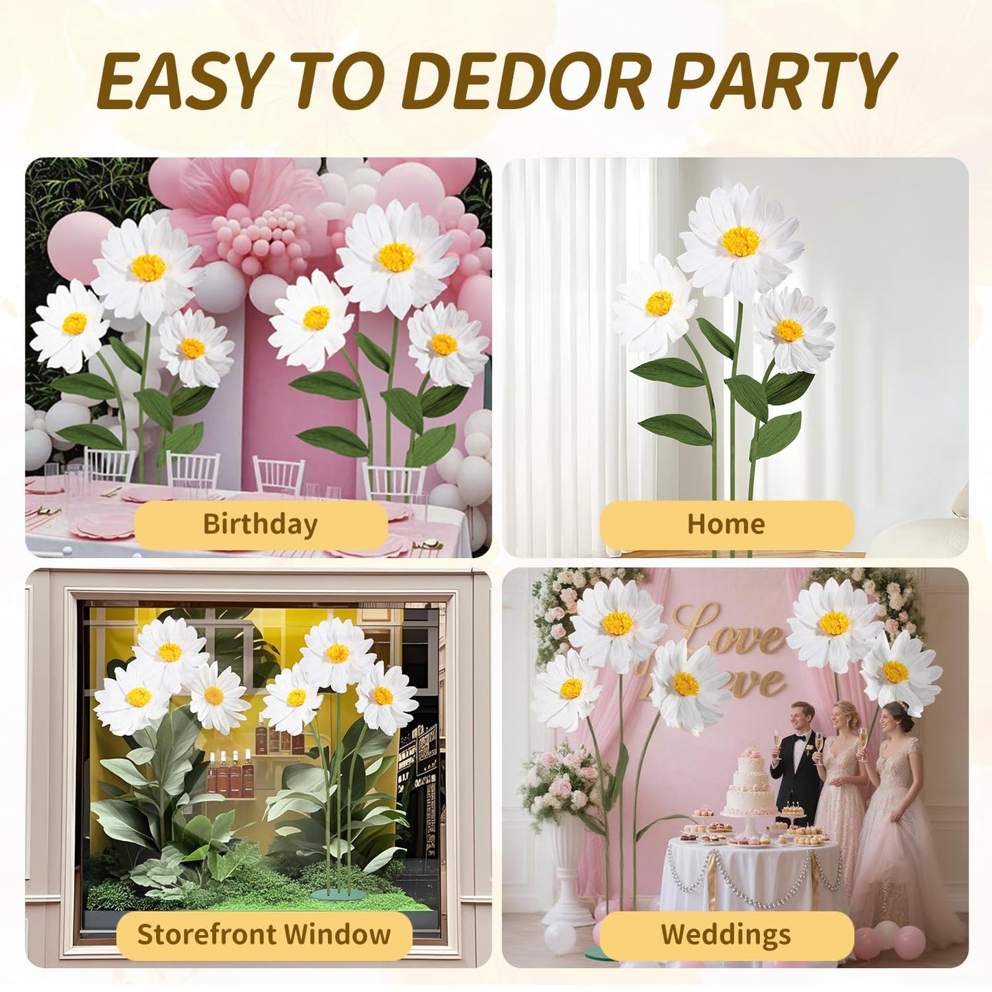 Mverse Giant Standing Flowers with Heavy Duty Base, 5-7ft Life Size Artificial Paper Dasiy Decorations for Wedding Backdrop, Nursery Wall Decor & Luxury Party Photo Booth Props (White)