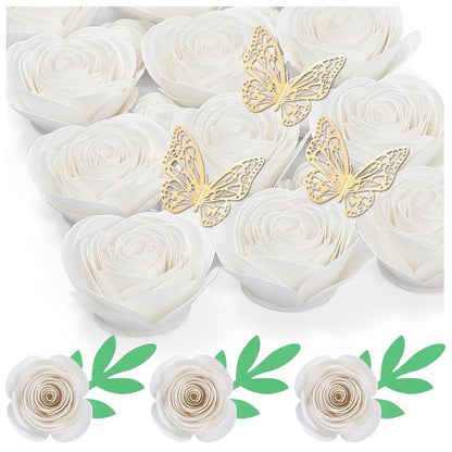 Mverse 18 Pcs Small Paper Flowers for Crafts, Paper Rose for Graduation Cap, Shadow Box Decoration, Party Table Confetti Décor (White)