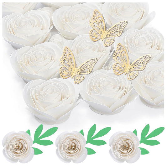 Mverse 18 Pcs Small Paper Flowers for Crafts, Paper Rose for Graduation Cap, Shadow Box Decoration, Party Table Confetti Décor (White)