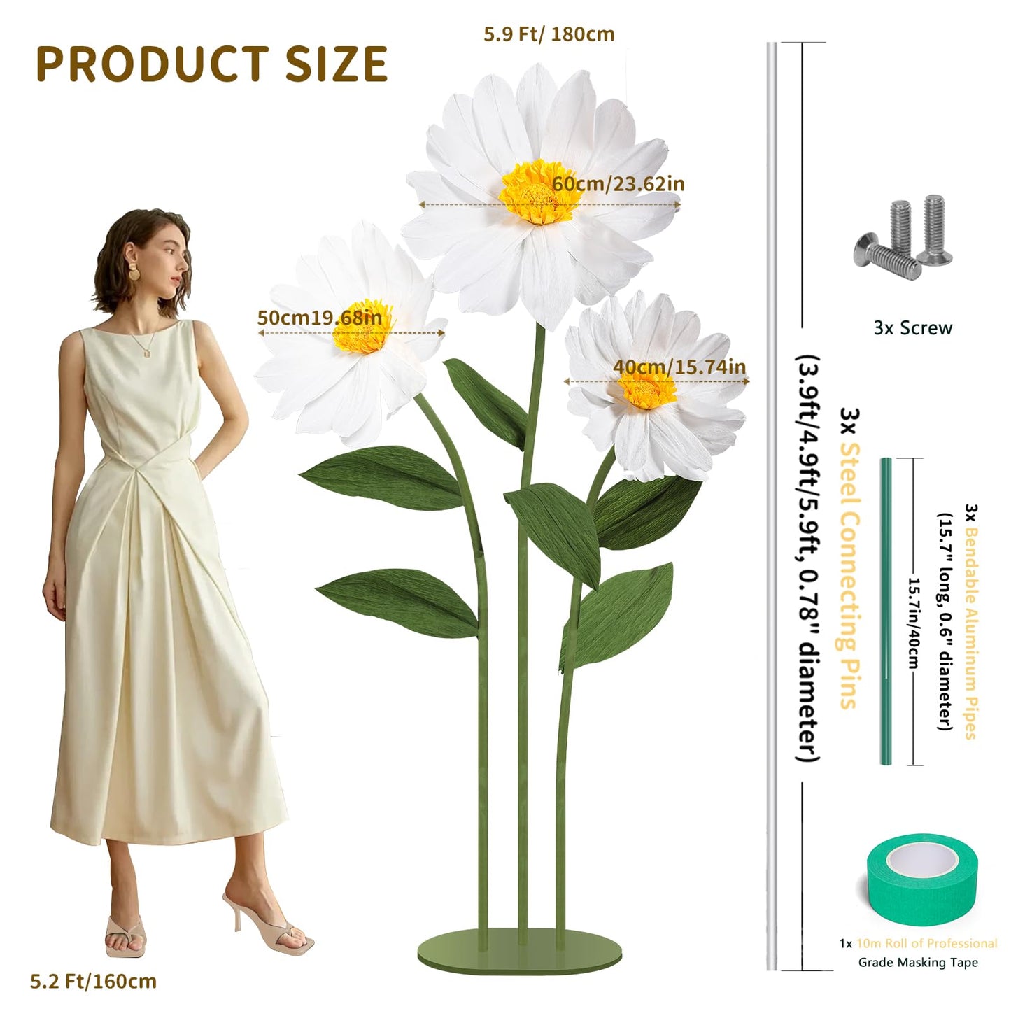 Mverse Giant Standing Flowers with Heavy Duty Base, 5-7ft Life Size Artificial Paper Dasiy Decorations for Wedding Backdrop, Nursery Wall Decor & Luxury Party Photo Booth Props (White)