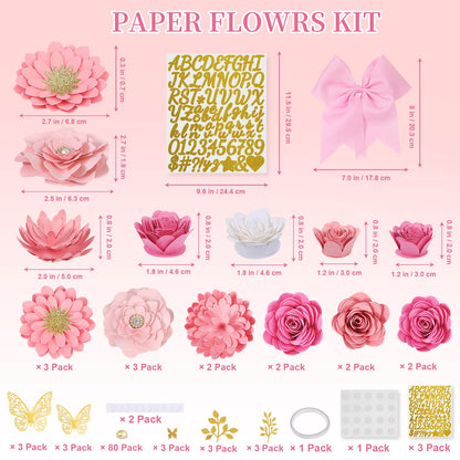 Mverse Graduation Cap Decorations Kit 2026-3D Paper Flowers & Gold Butterflies for Grad Cap Topper - DIY Flower Stickers, Glitter Letters & Pearls for Crafts & Shadow Box (Pink)