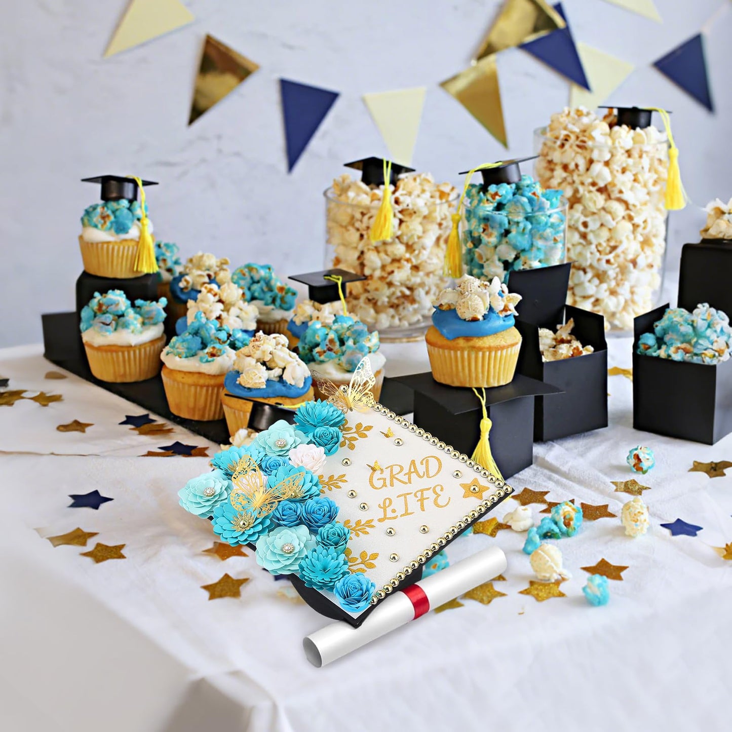 Mverse Graduation Cap Decorations Kit 2026-3D Paper Flowers & Gold Butterflies for Grad Cap Topper - DIY Flower Stickers, Glitter Letters & Pearls for Crafts & Shadow Box (Pink)
