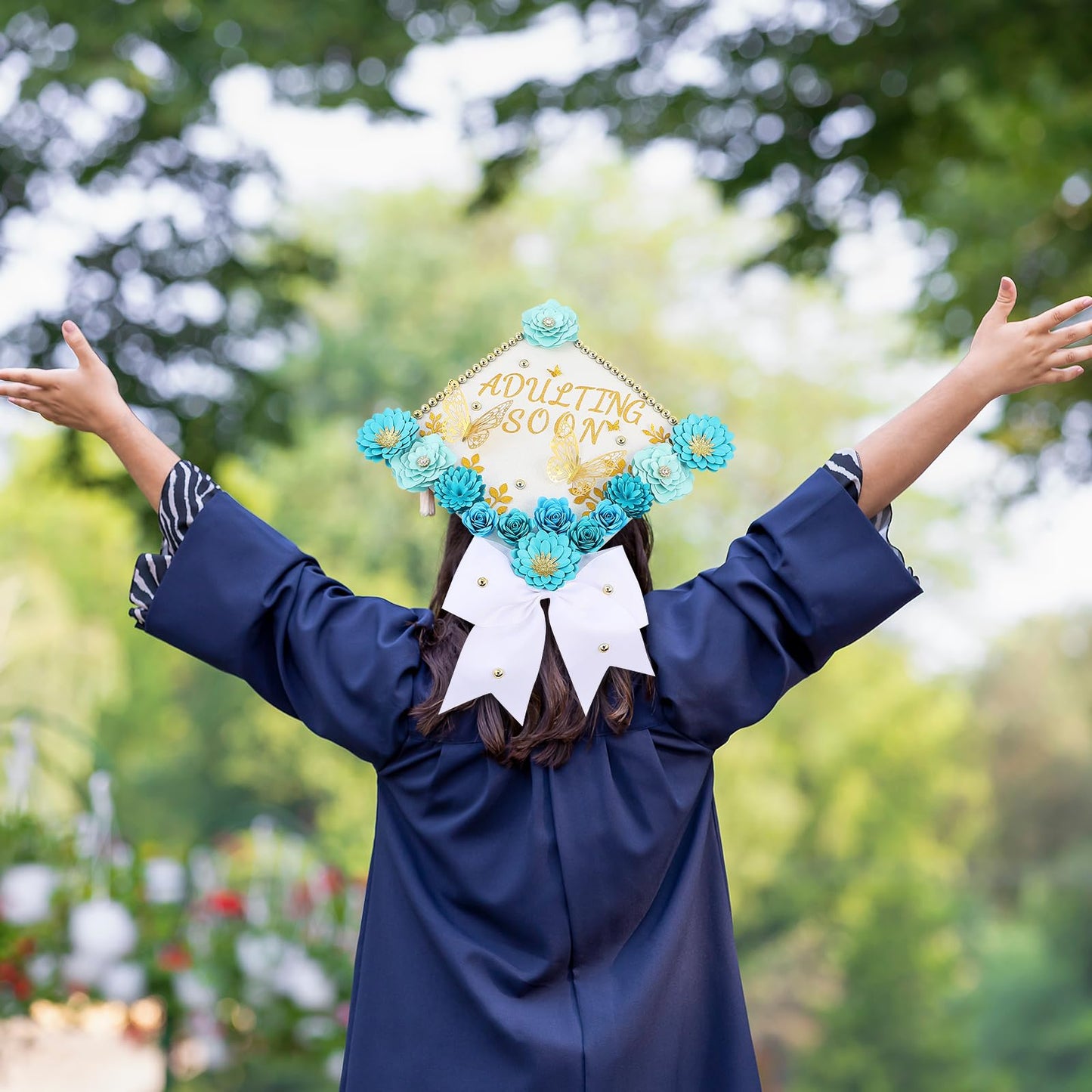 Mverse Graduation Cap Decorations Kit 2026-3D Paper Flowers & Gold Butterflies for Grad Cap Topper - DIY Flower Stickers, Glitter Letters & Pearls for Crafts & Shadow Box (Pink)