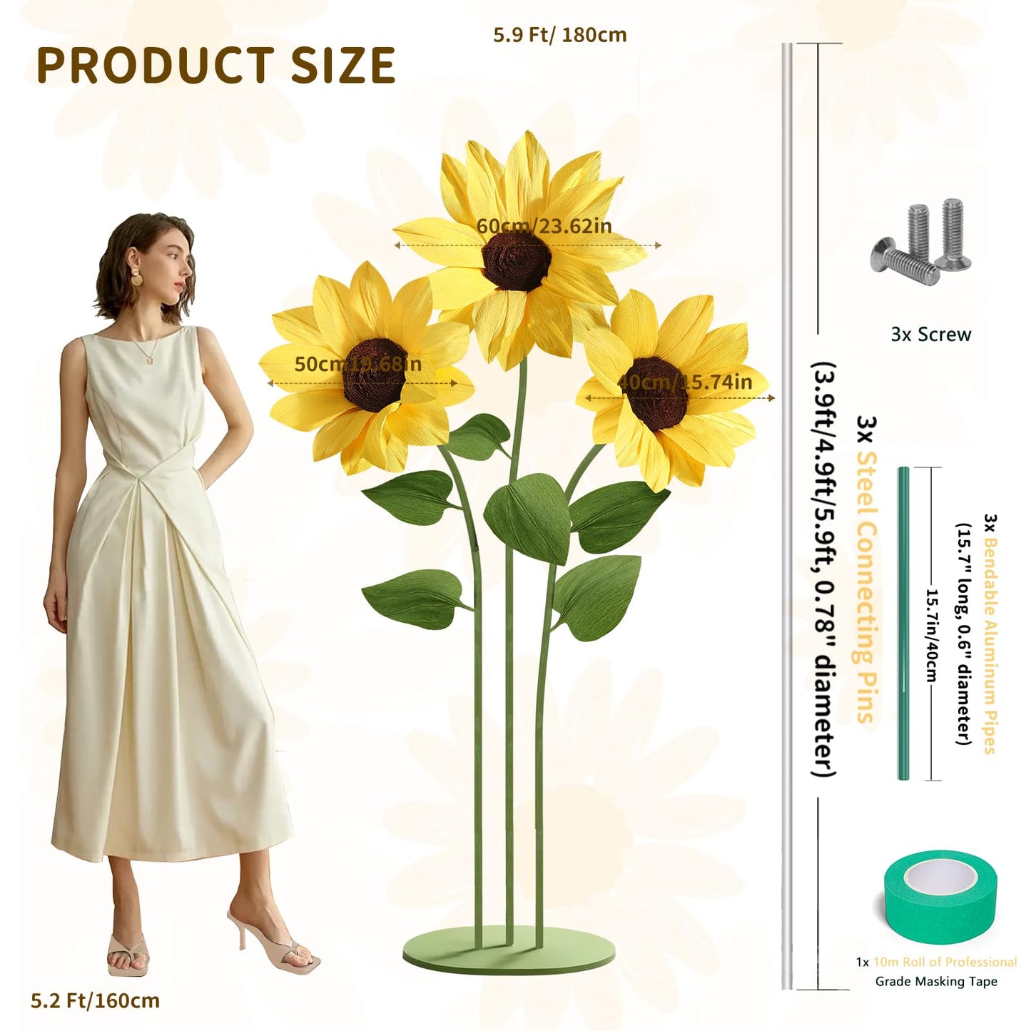 Mverse Giant Standing Flowers with Heavy Duty Base, 5-7ft Life Size Artificial Paper Dasiy Decorations for Wedding Backdrop, Nursery Wall Decor & Luxury Party Photo Booth Props (White)