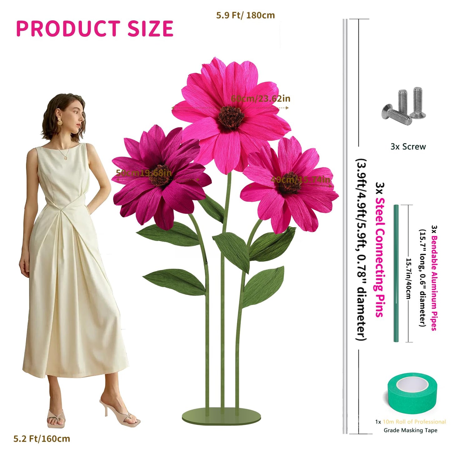 Mverse Giant Standing Flowers with Heavy Duty Base, 5-7ft Life Size Artificial Paper Dasiy Decorations for Wedding Backdrop, Nursery Wall Decor & Luxury Party Photo Booth Props (White)