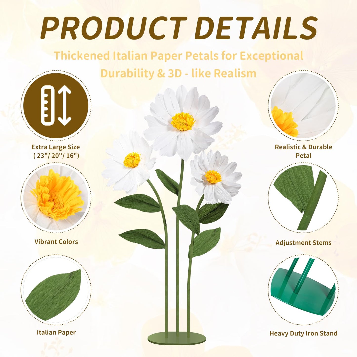 Mverse Giant Standing Flowers with Heavy Duty Base, 5-7ft Life Size Artificial Paper Dasiy Decorations for Wedding Backdrop, Nursery Wall Decor & Luxury Party Photo Booth Props (White)