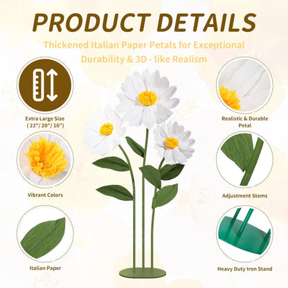 Mverse Giant Standing Flowers with Heavy Duty Base, 5-7ft Life Size Artificial Paper Dasiy Decorations for Wedding Backdrop, Nursery Wall Decor & Luxury Party Photo Booth Props (White)