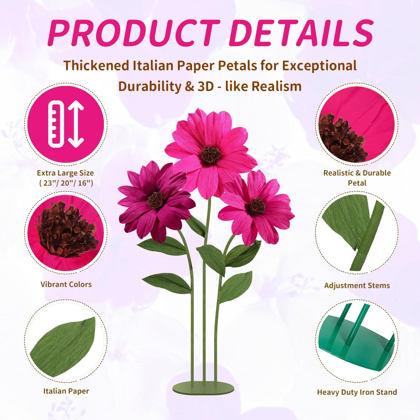 Mverse Giant Standing Flowers with Heavy Duty Base, 5-7ft Life Size Artificial Paper Dasiy Decorations for Wedding Backdrop, Nursery Wall Decor & Luxury Party Photo Booth Props (White)