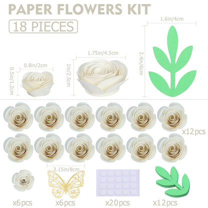 Mverse 3D Mini White Roses Artificial Flowers, Mini Paper Flowers Decorations for Custom Shadow Box Frame, Handmade Crafts DIY Gift (18 Pieces, Milky)