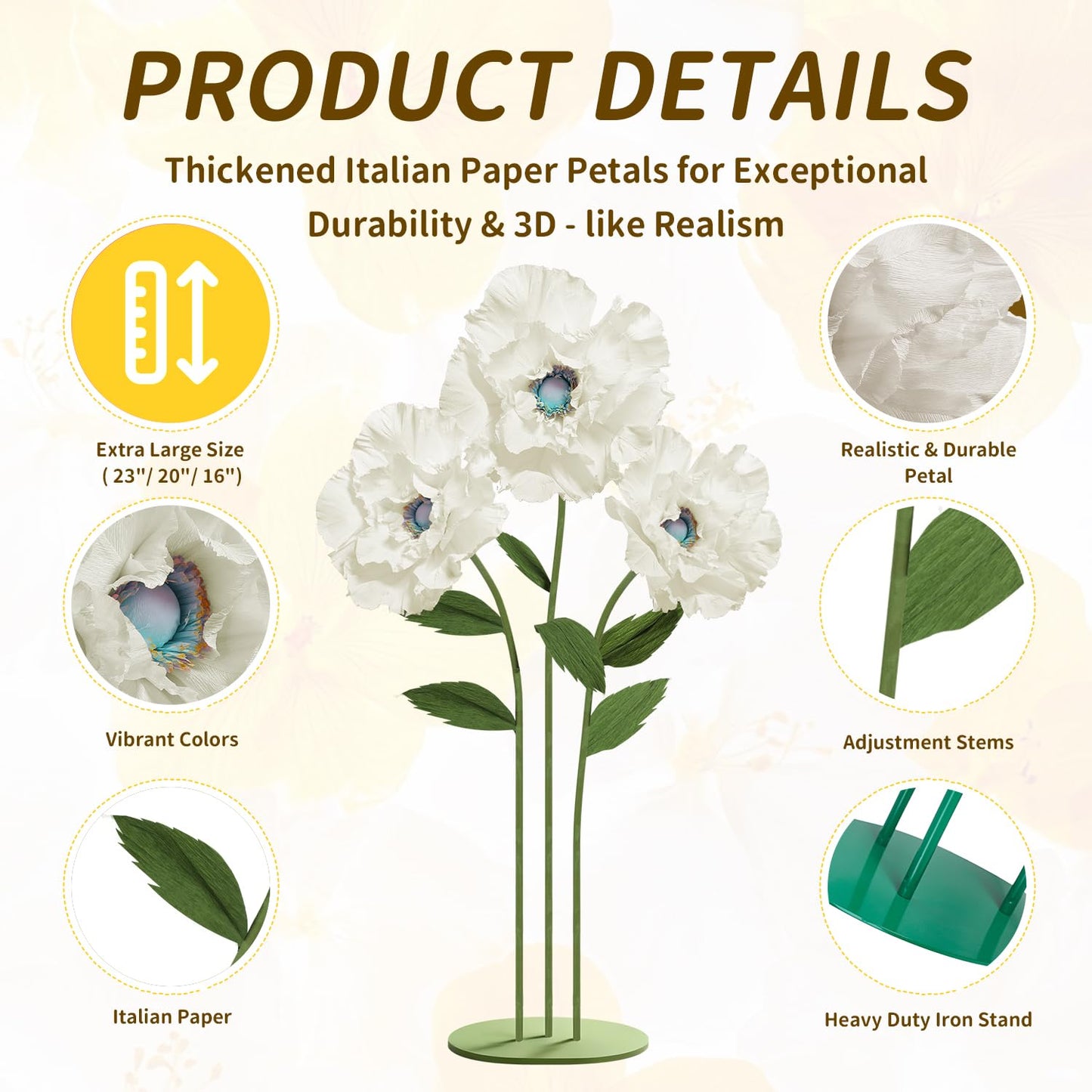 Mverse Giant Standing Flowers with Heavy Duty Base, 5-7ft Life Size Artificial Paper Dasiy Decorations for Wedding Backdrop, Nursery Wall Decor & Luxury Party Photo Booth Props (White)