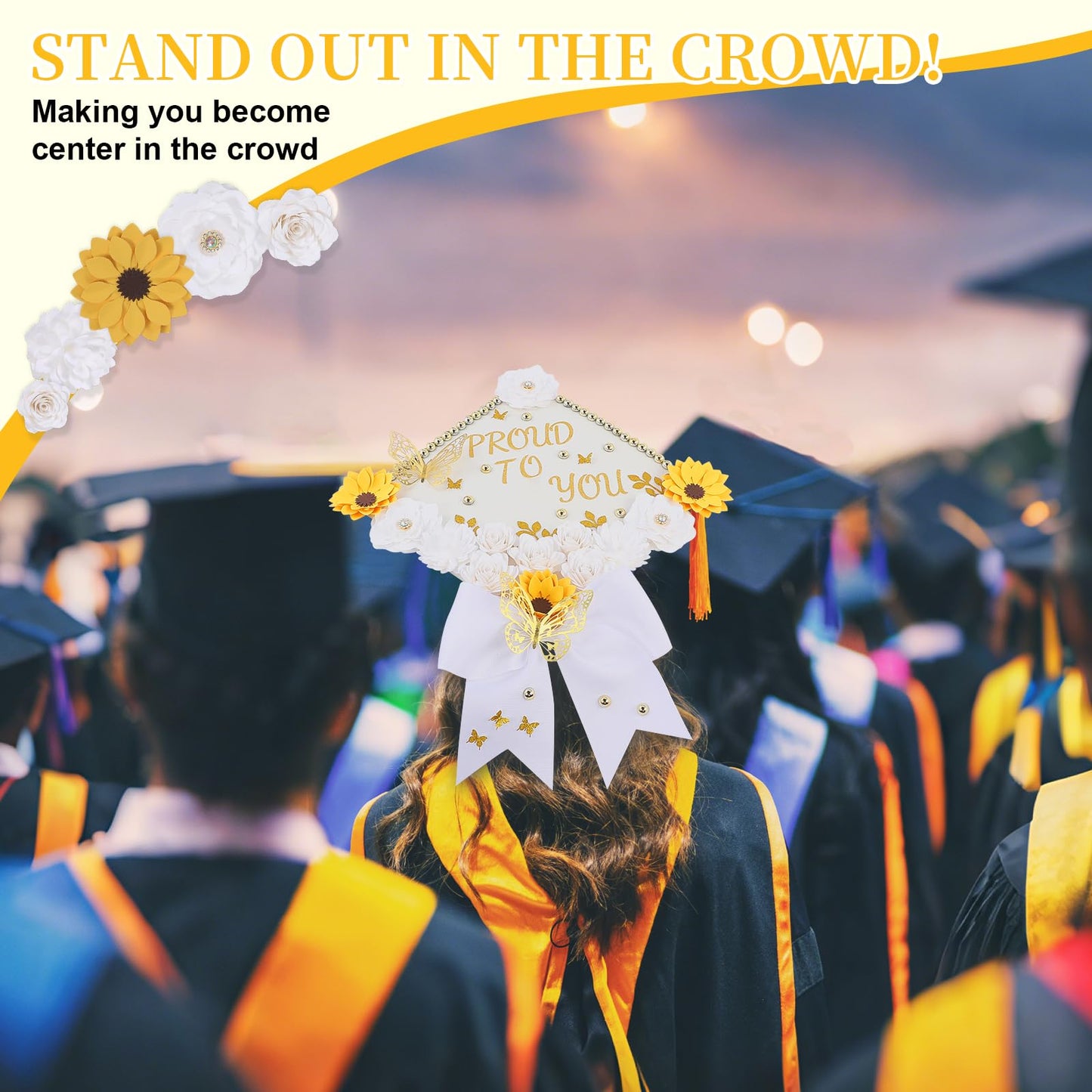 Mverse Graduation Cap Decorations Kit 2026-3D Paper Flowers & Gold Butterflies for Grad Cap Topper - DIY Flower Stickers, Glitter Letters & Pearls for Crafts & Shadow Box (Pink)