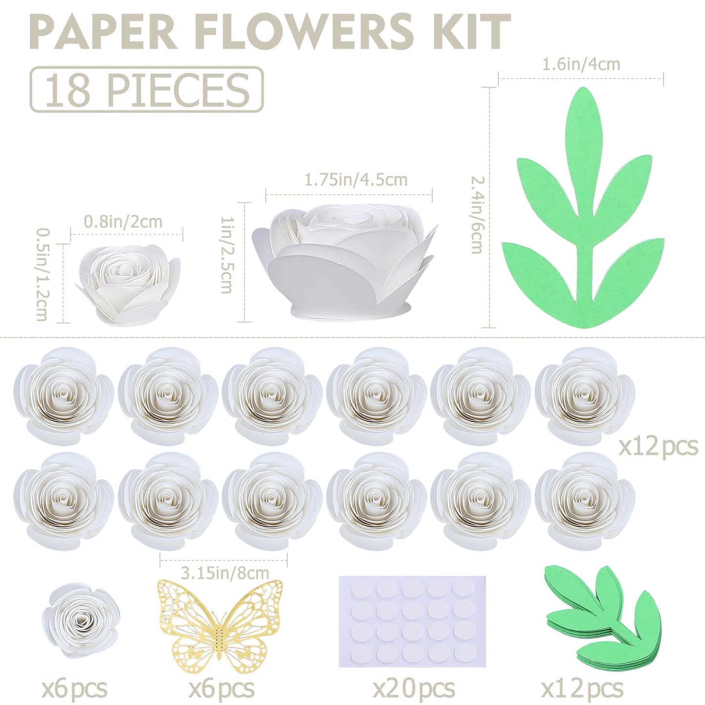 Mverse 18 Pcs Small Paper Flowers for Crafts, Paper Rose for Graduation Cap, Shadow Box Decoration, Party Table Confetti Décor (White)