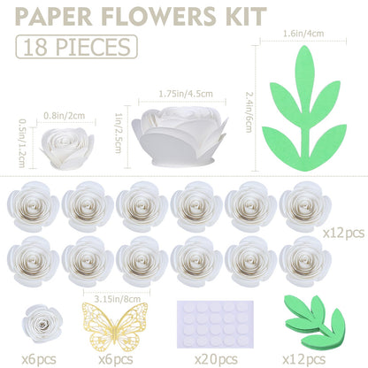 Mverse 18 Pcs Small Paper Flowers for Crafts, Paper Rose for Graduation Cap, Shadow Box Decoration, Party Table Confetti Décor (White)