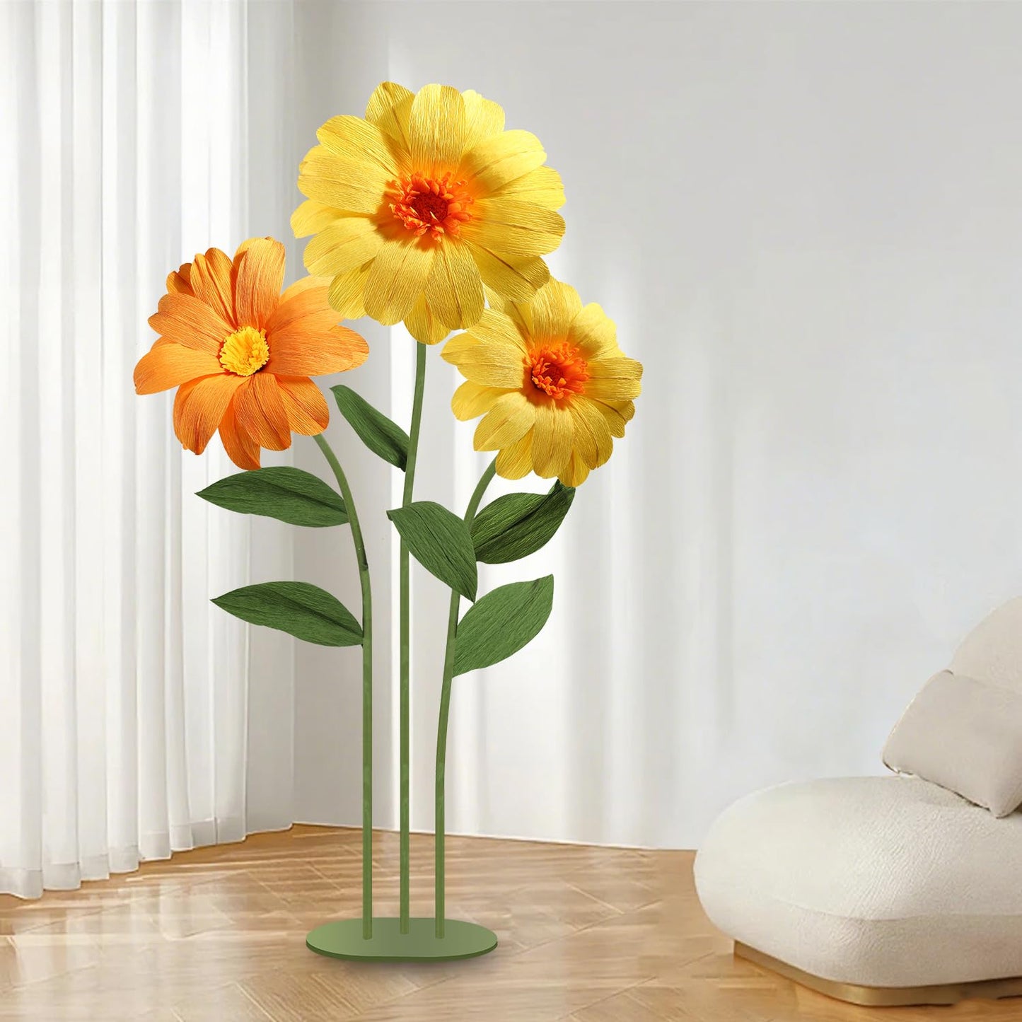 Mverse Giant Standing Flowers with Heavy Duty Base, 5-7ft Life Size Artificial Paper Dasiy Decorations for Wedding Backdrop, Nursery Wall Decor & Luxury Party Photo Booth Props (White)