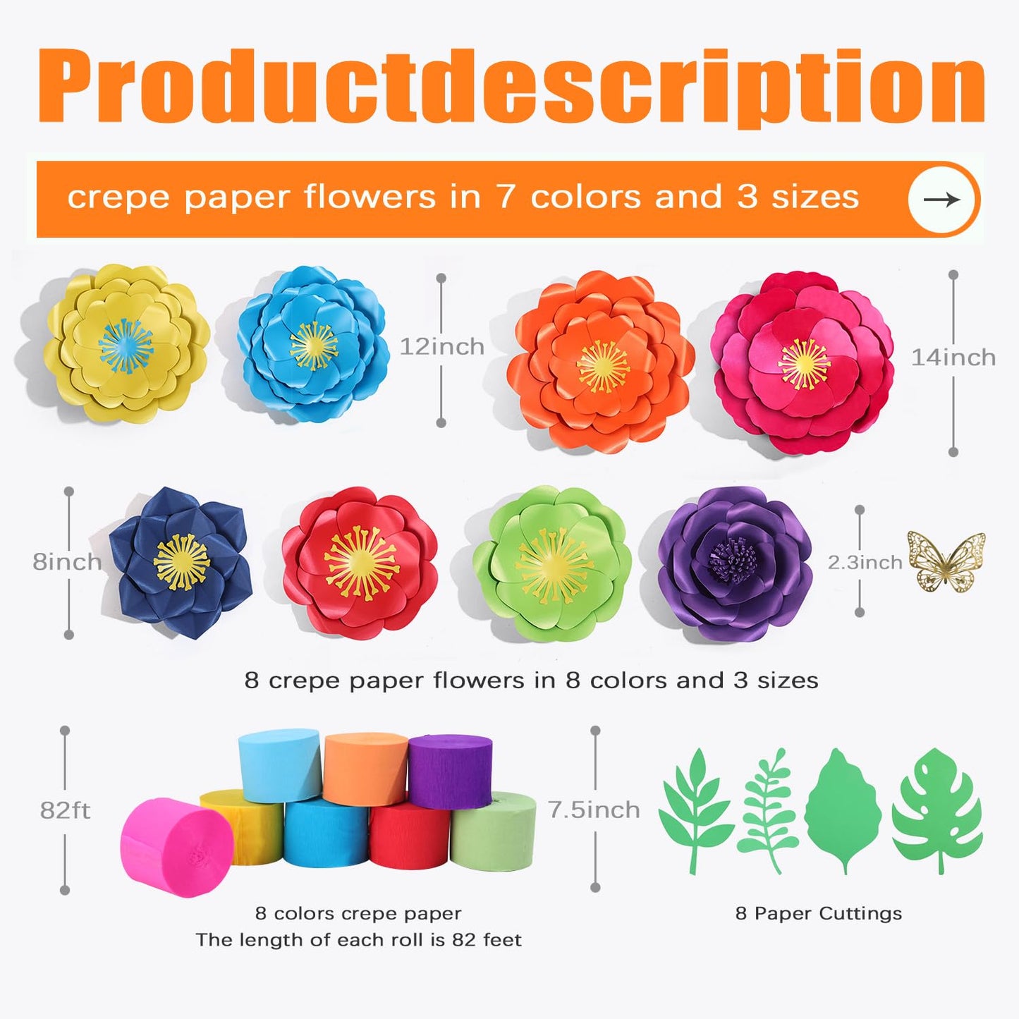 Mverse Large White Roses Artificial Flowers, 3D Handmade Paper Flowers Decorations for Wall, Leaves and Butterfly Stickers, 14 Pc. Kit, Elegant Decor Nursery, Wedding and Baby Shower Décor