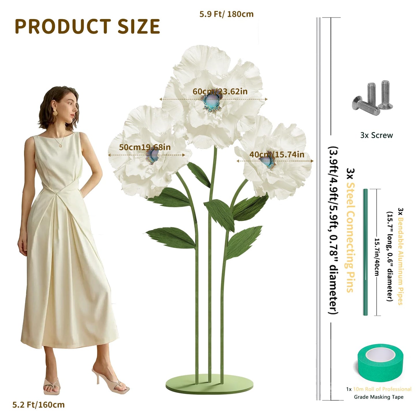 Mverse Giant Standing Flowers with Heavy Duty Base, 5-7ft Life Size Artificial Paper Dasiy Decorations for Wedding Backdrop, Nursery Wall Decor & Luxury Party Photo Booth Props (White)