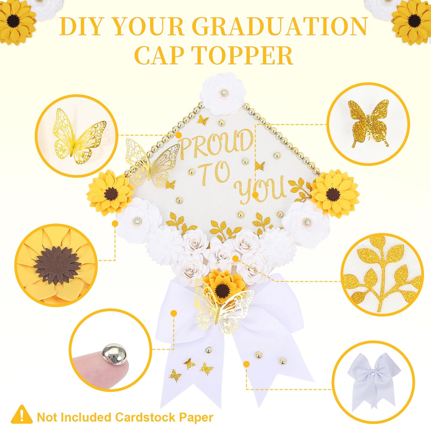 Mverse Graduation Cap Decorations Kit 2026-3D Paper Flowers & Gold Butterflies for Grad Cap Topper - DIY Flower Stickers, Glitter Letters & Pearls for Crafts & Shadow Box (Pink)