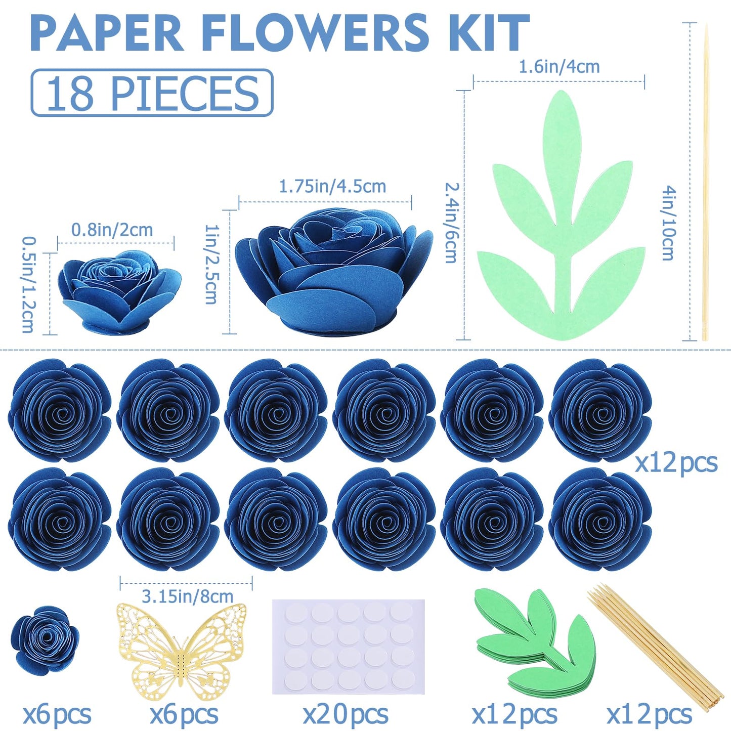 Mverse Fourth of July Decorations Wreath, Fake Blue Roses, Mini Paper Flower Crafts DIY Gift Decorations for Custom Shadow Box Frame, Graduation Cap, Cake Topper (18 Pieces, Dark Blue)