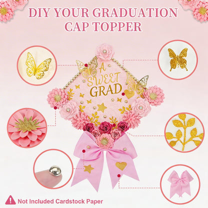 Mverse Graduation Cap Decorations Kit 2026-3D Paper Flowers & Gold Butterflies for Grad Cap Topper - DIY Flower Stickers, Glitter Letters & Pearls for Crafts & Shadow Box (Pink)