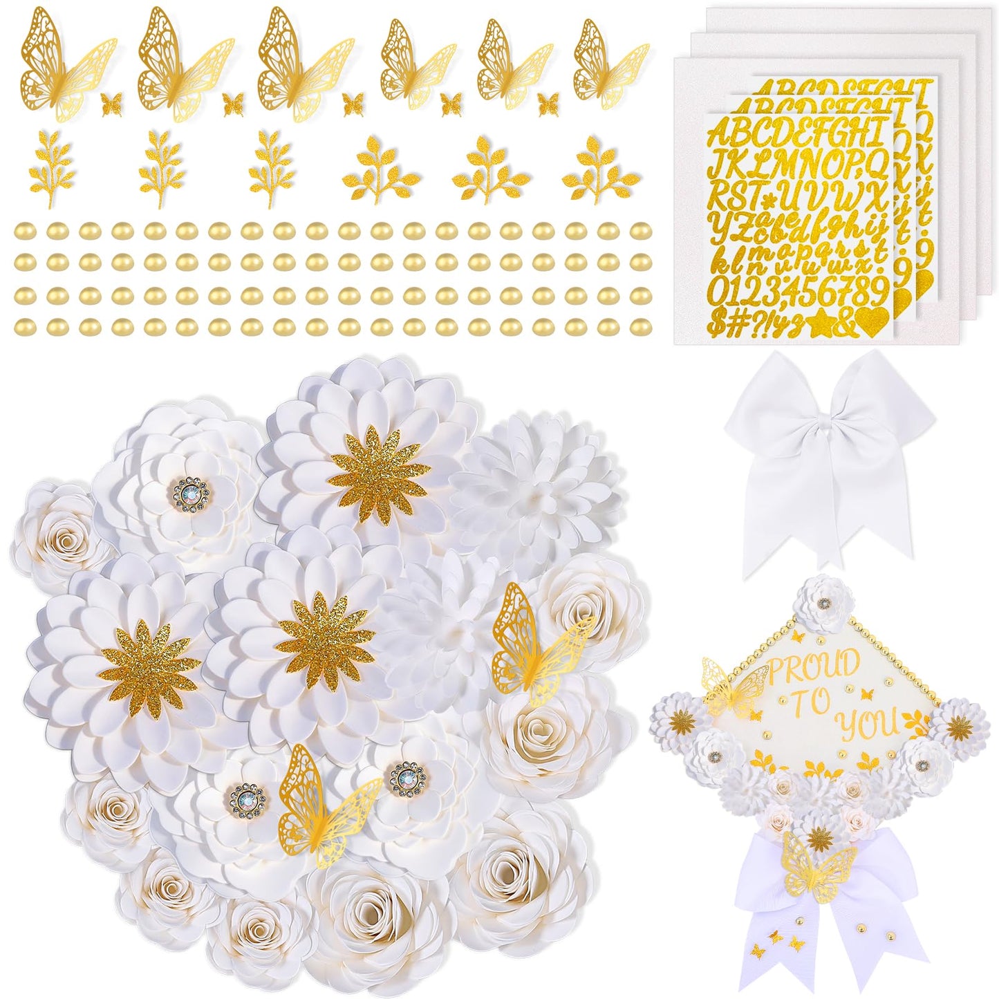 Mverse Graduation Cap Decorations Kit 2026-3D Paper Flowers & Gold Butterflies for Grad Cap Topper - DIY Flower Stickers, Glitter Letters & Pearls for Crafts & Shadow Box (Pink)