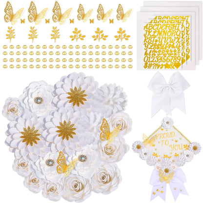 Mverse Graduation Cap Decorations Kit 2026-3D Paper Flowers & Gold Butterflies for Grad Cap Topper - DIY Flower Stickers, Glitter Letters & Pearls for Crafts & Shadow Box (Pink)
