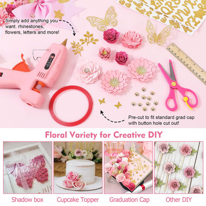 Mverse Graduation Cap Decorations Kit 2026-3D Paper Flowers & Gold Butterflies for Grad Cap Topper - DIY Flower Stickers, Glitter Letters & Pearls for Crafts & Shadow Box (Pink)
