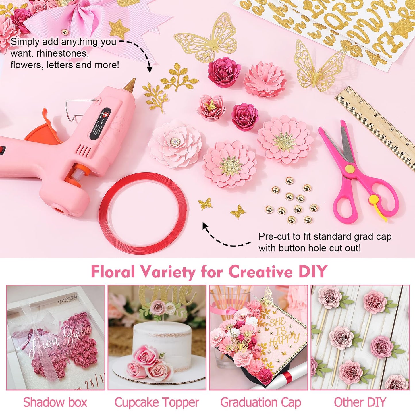 Mverse Graduation Cap Decorations Kit 2026-3D Paper Flowers & Gold Butterflies for Grad Cap Topper - DIY Flower Stickers, Glitter Letters & Pearls for Crafts & Shadow Box (Pink)