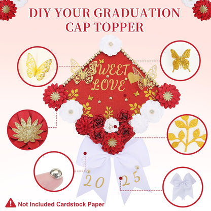 Mverse Graduation Cap Decorations Kit 2026-3D Paper Flowers & Gold Butterflies for Grad Cap Topper - DIY Flower Stickers, Glitter Letters & Pearls for Crafts & Shadow Box (Pink)