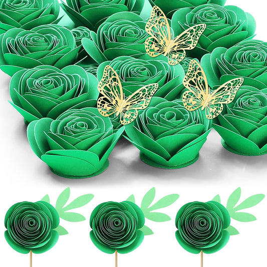 Mverse 3D Rolled Artificial Roses Paper Flowers, Mini Crafts DIY Gift Decorations for Shadow Box Frame, Graduation Cap, Cake Topper, Baby Floral Nursery (18 Pieces, Green)