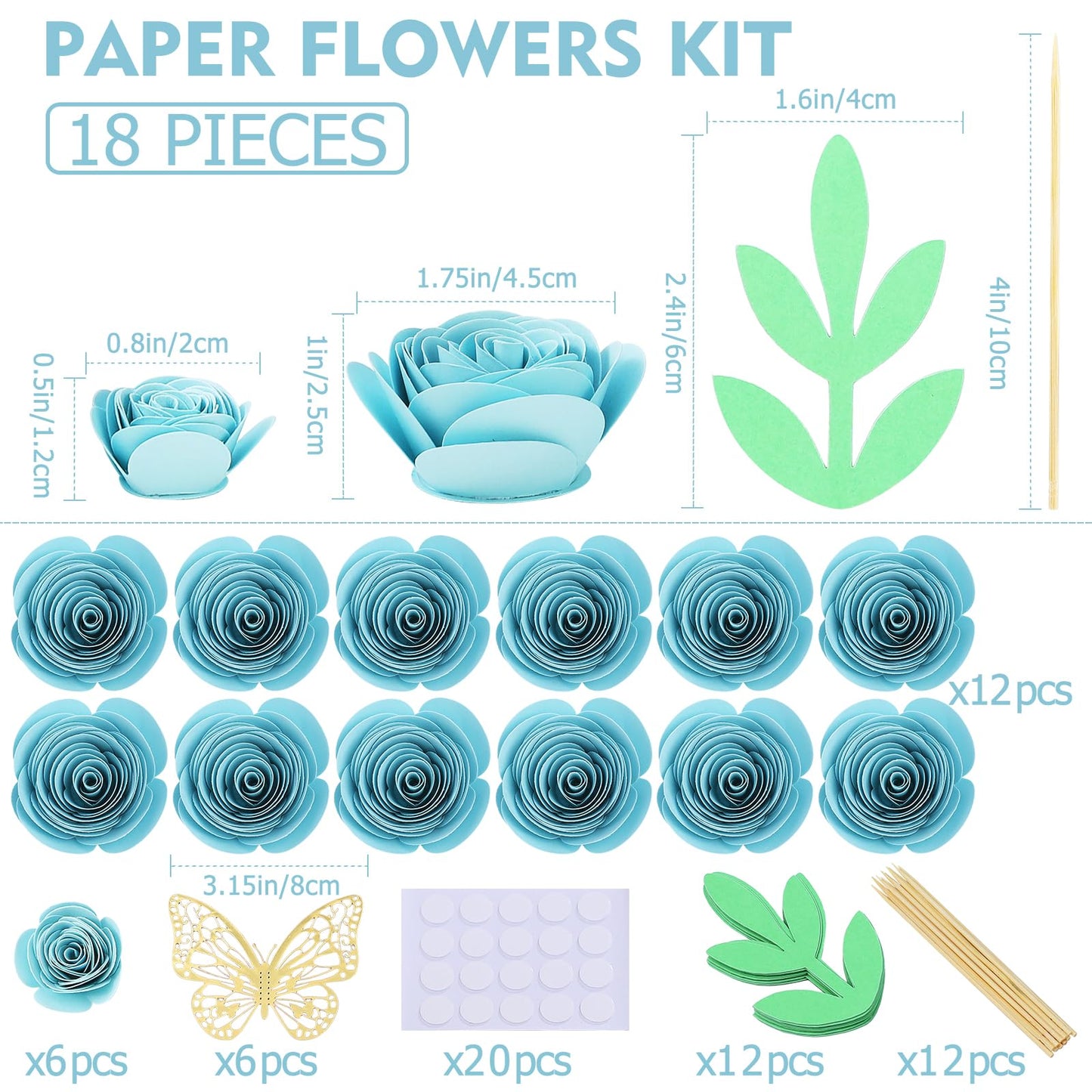 Mverse Light Blue Roses Artificial Flowers, Mini Paper Flower Crafts DIY Gift Decorations for Custom Shadow Box Frame, Graduation Cap, Cake Topper (18 Pieces, Light Blue)