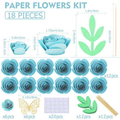 Mverse Light Blue Roses Artificial Flowers, Mini Paper Flower Crafts DIY Gift Decorations for Custom Shadow Box Frame, Graduation Cap, Cake Topper (18 Pieces, Light Blue)