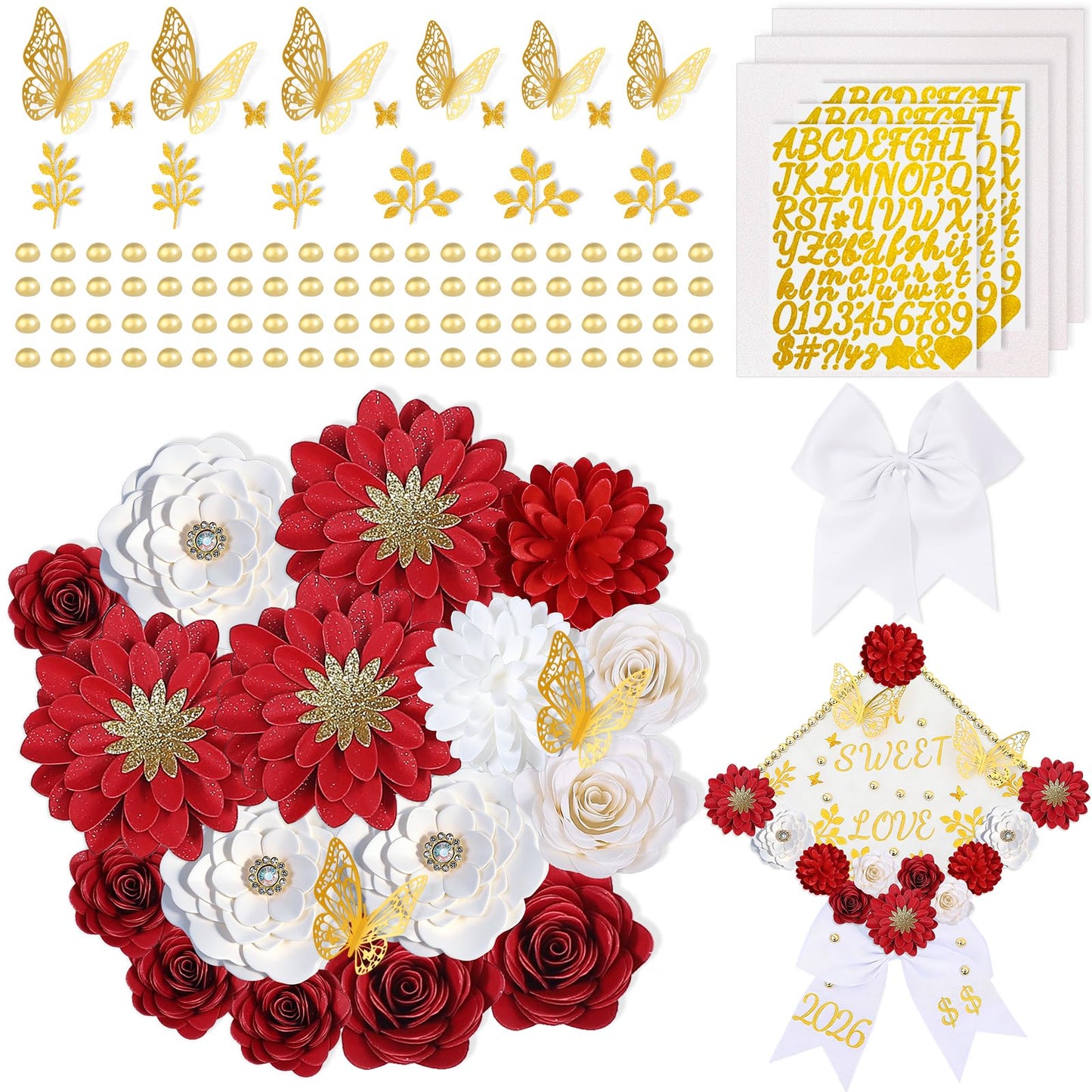 Mverse Graduation Cap Decorations Kit 2026-3D Paper Flowers & Gold Butterflies for Grad Cap Topper - DIY Flower Stickers, Glitter Letters & Pearls for Crafts & Shadow Box (Pink)