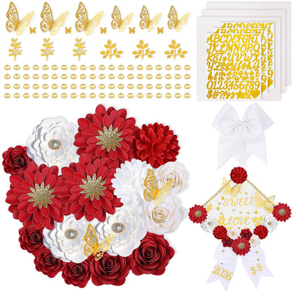 Mverse Graduation Cap Decorations Kit 2026-3D Paper Flowers & Gold Butterflies for Grad Cap Topper - DIY Flower Stickers, Glitter Letters & Pearls for Crafts & Shadow Box (Pink)