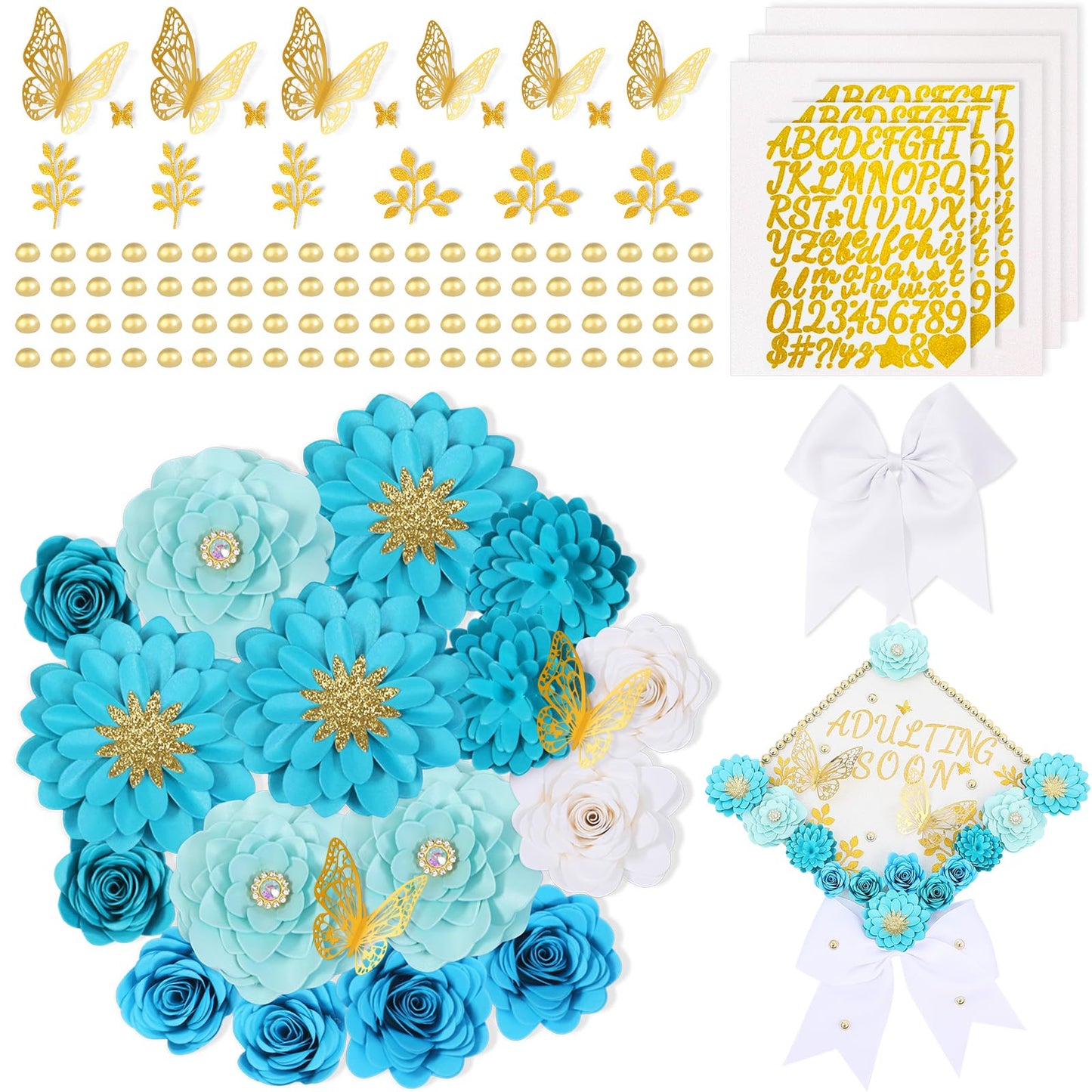 Mverse Graduation Cap Decorations Kit 2026-3D Paper Flowers & Gold Butterflies for Grad Cap Topper - DIY Flower Stickers, Glitter Letters & Pearls for Crafts & Shadow Box (Pink)