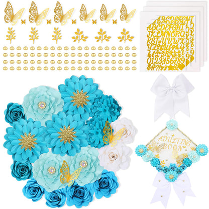 Mverse Graduation Cap Decorations Kit 2026-3D Paper Flowers & Gold Butterflies for Grad Cap Topper - DIY Flower Stickers, Glitter Letters & Pearls for Crafts & Shadow Box (Pink)