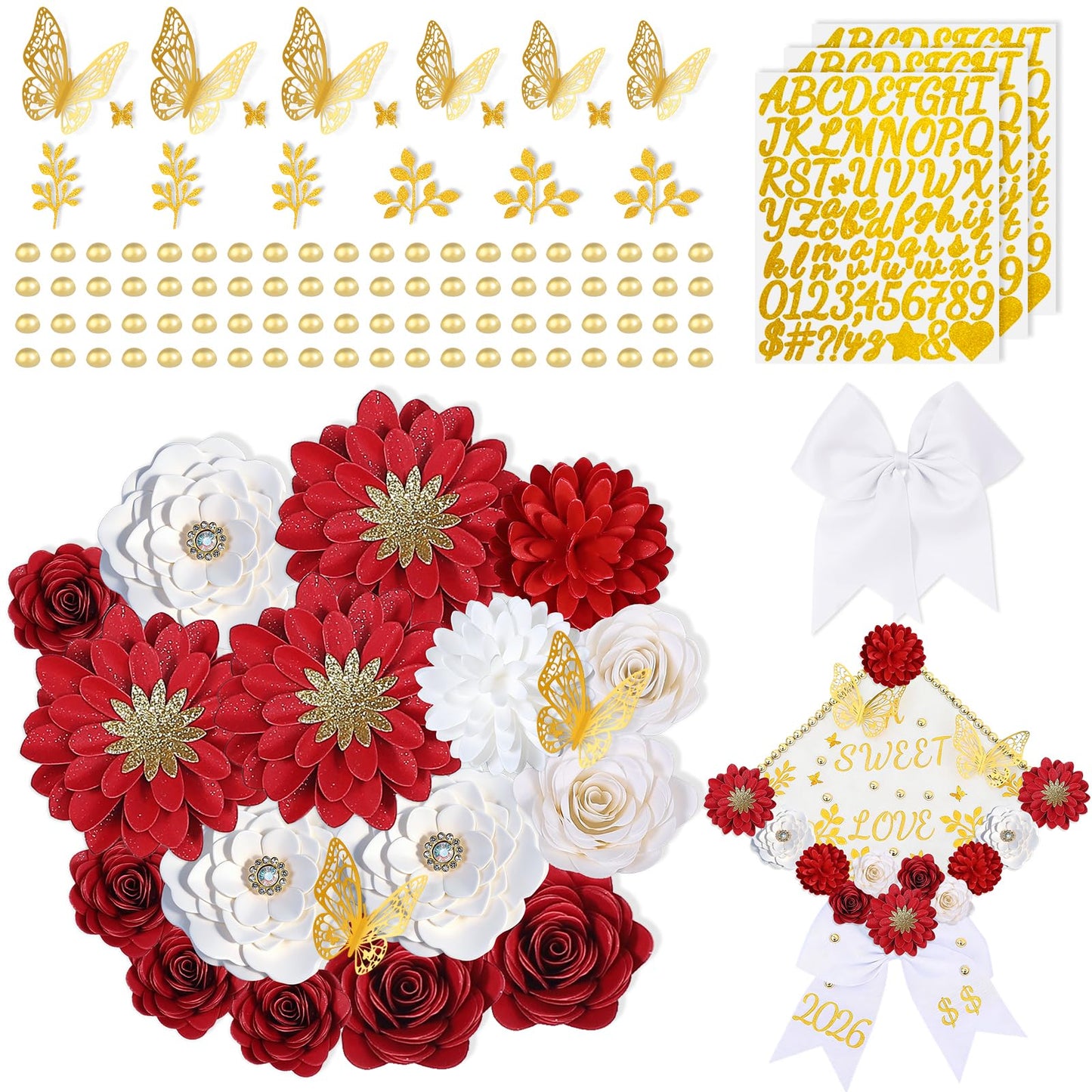 Mverse Graduation Cap Decorations Kit 2026-3D Paper Flowers & Gold Butterflies for Grad Cap Topper - DIY Flower Stickers, Glitter Letters & Pearls for Crafts & Shadow Box (Pink)