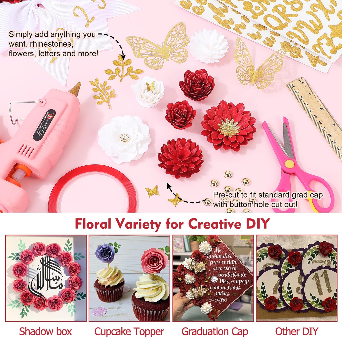 Mverse Graduation Cap Decorations Kit 2026-3D Paper Flowers & Gold Butterflies for Grad Cap Topper - DIY Flower Stickers, Glitter Letters & Pearls for Crafts & Shadow Box (Pink)