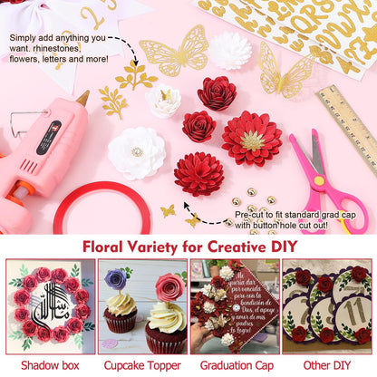 Mverse Graduation Cap Decorations Kit 2026-3D Paper Flowers & Gold Butterflies for Grad Cap Topper - DIY Flower Stickers, Glitter Letters & Pearls for Crafts & Shadow Box (Pink)