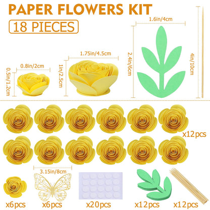 Mverse Yellow Roses Artificial Flowers, Rolled Paper Flowers Decorations for Floral Letters, Shadow Box Frame, Graduation Cap, Room Decor (18 Pieces, Light Yellow)