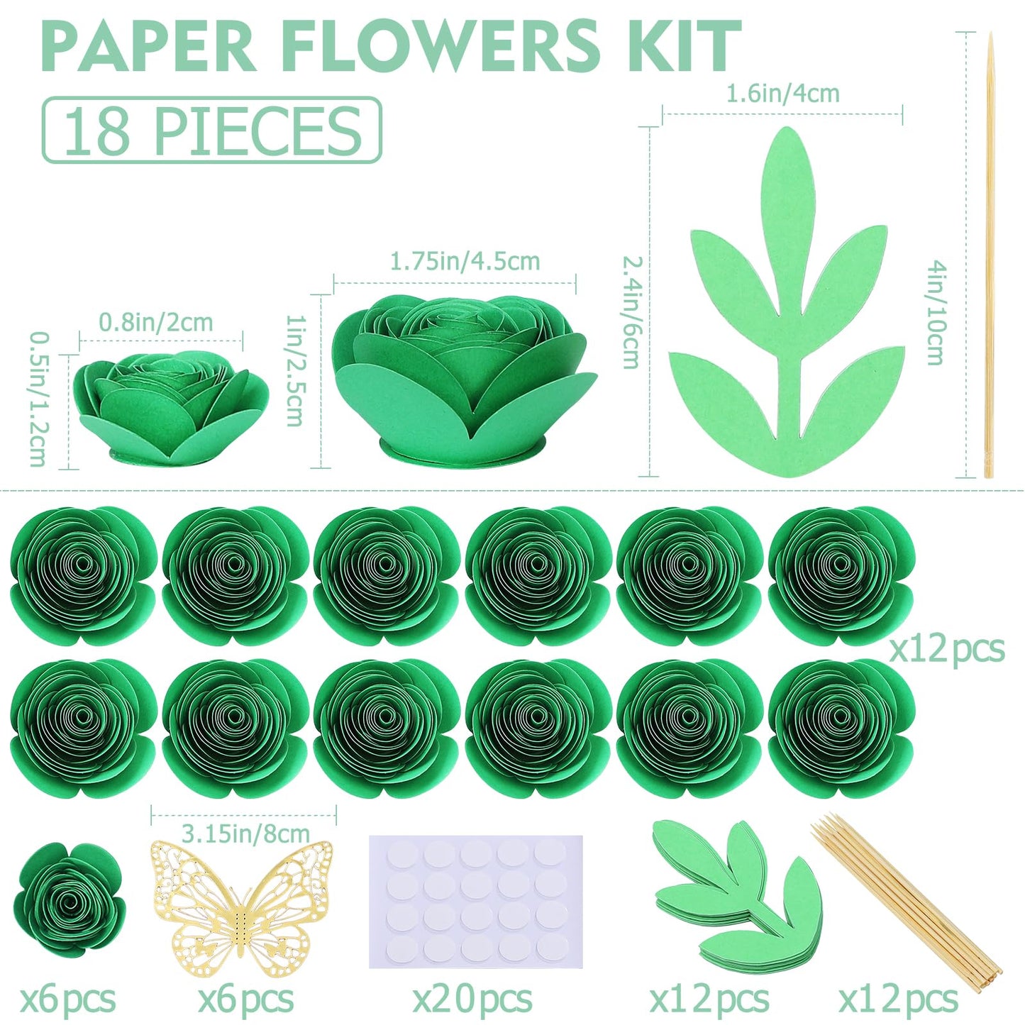 Mverse 3D Rolled Artificial Roses Paper Flowers, Mini Crafts DIY Gift Decorations for Shadow Box Frame, Graduation Cap, Cake Topper, Baby Floral Nursery (18 Pieces, Green)