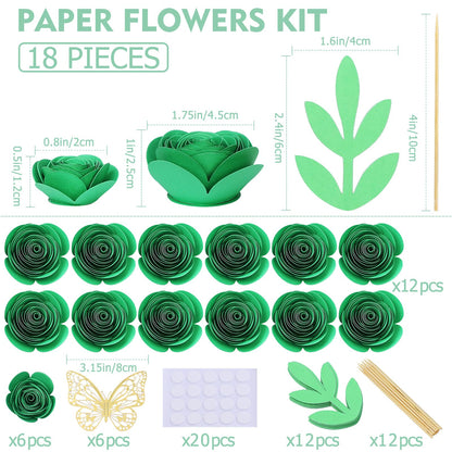 Mverse 3D Rolled Artificial Roses Paper Flowers, Mini Crafts DIY Gift Decorations for Shadow Box Frame, Graduation Cap, Cake Topper, Baby Floral Nursery (18 Pieces, Green)